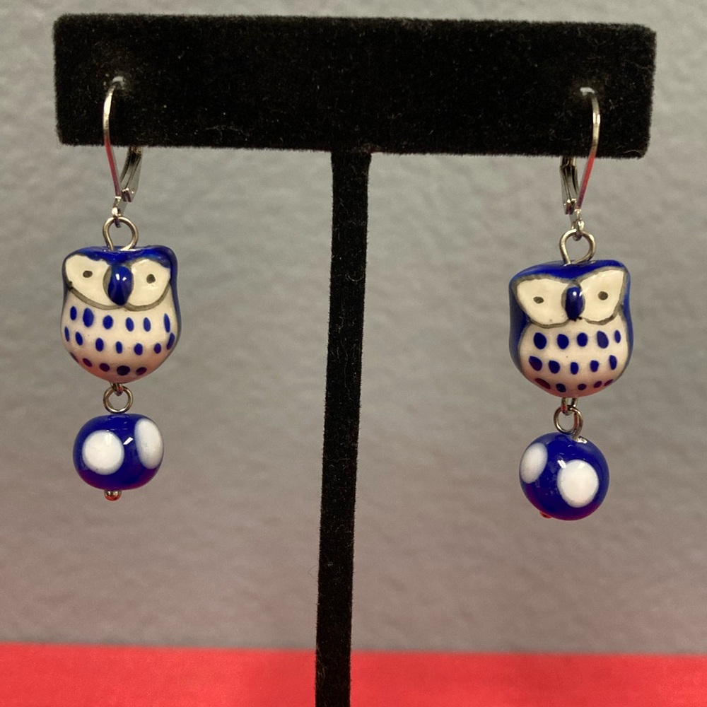 Blue and White Owl Earrings